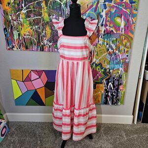 NWT Womens J.Crew Square Neck Midi Dress Pink White Stripes Ruffles Cotton sz 10